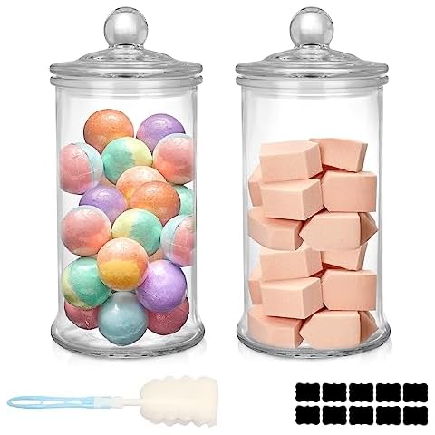 UrSpeedtekLive 2 Pack Glass Apothecary Jars with Lids, 32oz Clear Bathroom Accessories Canisters Storage Organizer, Cotton Ball Holder Containers, Glass Jars for Bathroom, Vanity, Laundry Room Cover