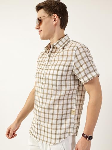 Image of Thomas Scott Men's | Checks | Half Sleeve | Slim Fit | Jute Linen | Spread Collar | Casual Shirt
