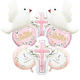 8 Pieces First Communion Balloons Set, Includes Cross and Dove Foil Balloons for Toddler Girls God Bless Religious Celebrations, Baptisms, Christenings Memorial Theme Decorations Birthday Party Favor