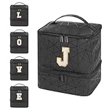 AGX Bravo Nail Polish Organizer Double Layer Personalized Initial Bags Gel Nail Polish Carrying Case for Nail Lamp Holds 30 Bottles Travel Portable Compartment Bag for Manicure Supplies, Black (J)