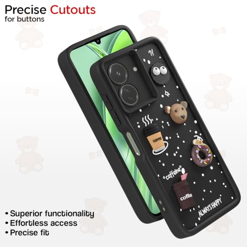 Image of Pikkme Back Cover for Redmi 13C 4G | 3D Bear Silicone Cute & Fun Coffee Cartoon | Full Body Protection Bumper Case (Black)