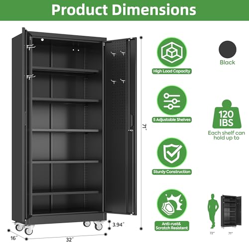 Image of 71 in. Garage Storage Cabinet with Wheels, 5 Shelves, Black