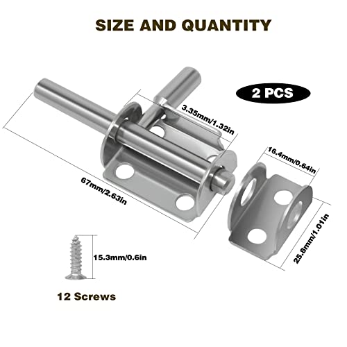 Wkmamo 2 Pcs Sliding Door Lock Stainless Steel,Latch Sliding Door Lock,Door Security Slide Latch Lock,Door Bolts Lock Latch for Bathroom Pet Doors Fences Shed Doors (2 - Image 2