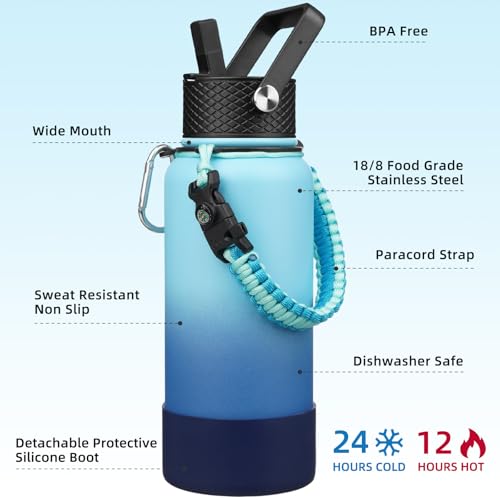 Image of BJPKPK 32oz Insulated Water Bottle with 3 Lids, Straw Lid & Handle