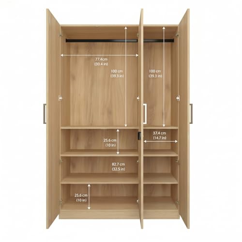 Image of Amazon Brand - Solimo Keris 3 Door Wardrobe | Almirah | Cupboard with 9 Shelves, 1 Drawer & 2 Hanging Rods | 120L x 50W x 180H CM | Wood Oak Light | DIY
