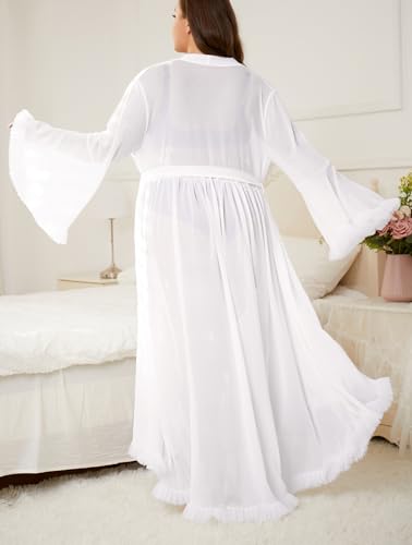 OYOANGLE Women's Plus Size Sheer Ruffle Trim Long Sleeve Belted Robe Bride Wedding Party Long Bathrobe2