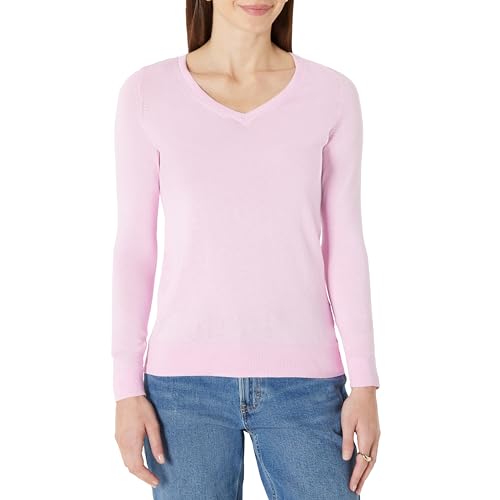 Amazon Essentials Chandail léger à manches longues et col en V pour femme (disponible en grande taille), rose pâle, taille M