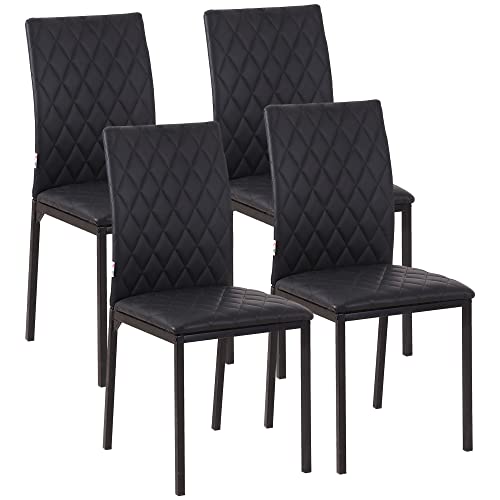 HOMCOM Pack de 4 Sillas de Comedor, Sillas de Cocinas Modernas, Respaldo Alto con Costuras Decorativas de Diamantes, Tapizadas en Cuero Sintético, Patas de Acero, Negro