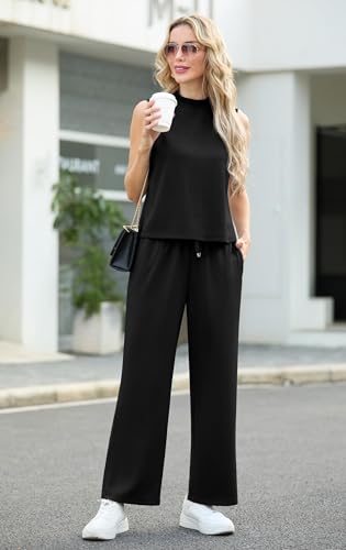 Lepunuo Two Piece Sets for Women Summer Mock Neck Sleeveless Top Wide Leg Pants Lounge Sets Vacation Travel Outfits3