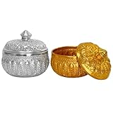 UNCLEJUM Thai Silver & Gold Trinket Box with Lid 4.5” – Traditional Thai Patterned Aluminum Keepsake Container – Jewelry, Candy, Decorative Storage Box for Home, Wedding, Gift, Buddhist Offering