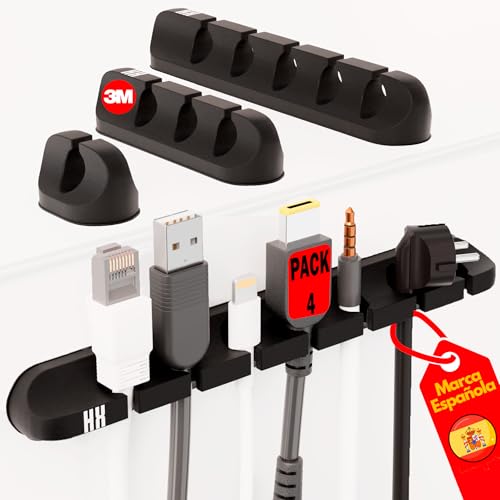 HABITUX Organizador Cables Escritorio Pack 4 PCS – Duradero - Sujeta Cables Adhesivo 3M – Organizador de Cables Mesa, Soporte para Cable, Cable Management, Accesorios Escritorio