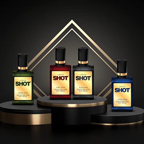 Image of Layer'r Shot Alpine Fresh + Forest Spice + Fiery Pride and Black Noir | Long Lasting Body Spray | Combo Pack of 4 for Men | 50ml