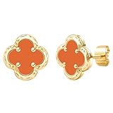 Clover Earrings for Women 14K Gold Plated Four Leaf Hypoallergeinc Stud Stainless Steel Flower Earring Lucky Simple Jewelry Gift for Women Shiny Multiple Enamel Colors-Orange Earring Gold