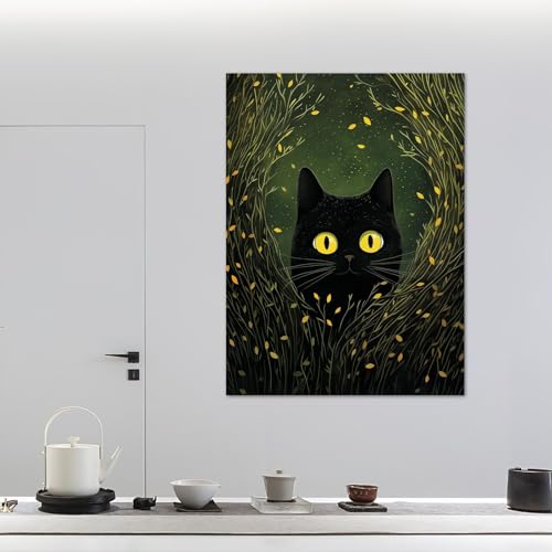 Galerie d'art murale abstraite de chat mignon avec cadre intérieur en bois chic