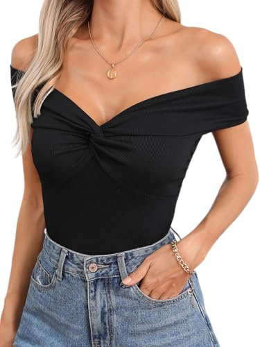 GORGLITTER Women's Off Shoulder Twist Front Top T Shirt Rib Knit Short Sleeve V Neck Skinny Sexy Tee Cinched Tops Black Medium