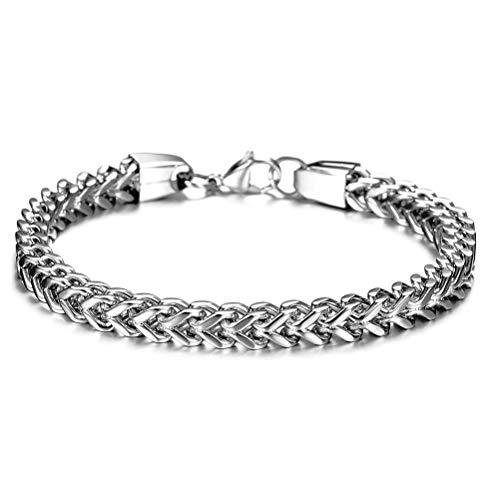 Jakob Miller Men's Stainless Steel Wheat Chain Bracelet 6mm Double Franco Chain Bracelets for Men Women Cuban Curb Link Wristband Rock Punk Biker Bracelet, 9.45 Inches