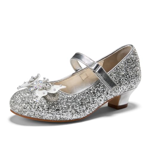 PATPAT Girls Dress Shoes Size 11 Little Kid, Silver Glitter Shoes with Butterfly Hair Clips, Sequins Rhinestones Bowknot Princess Low Heels Mary Jane Footwear Heels for Girls Dress Up