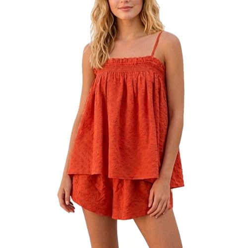 Image of SOOKABEILA Women 2 Piece Lounge Set Sleeveless Striped Cami Peplum Top Boxer Shorts Loose Ruffle Matching Pj Sets Outfits