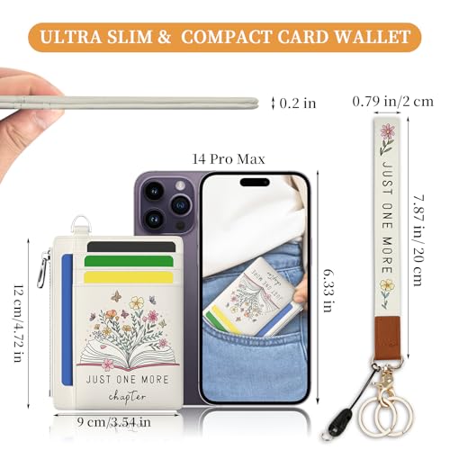 Image of Hancynir Book Lover Floral Flower Slim Wallet Women Credit Card Holder, RFID Blocking Front Pocket Wallet Wristlet Keychain Lanyard, Small Cute Mini Card Case, Thin Travel Zipper Coin PU Leather Gifts