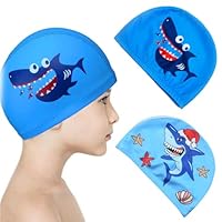 Tomedeks 2 PCS Swimming Cap Kids,Swimming Cap,Cartoon Swimming Cap,Polyester Kids Swimming Cap,Fabric Swimming Cap Kids,Children Cartoon Swimming Cap,Swimming Hat Kids Age 4-10(Sharks)