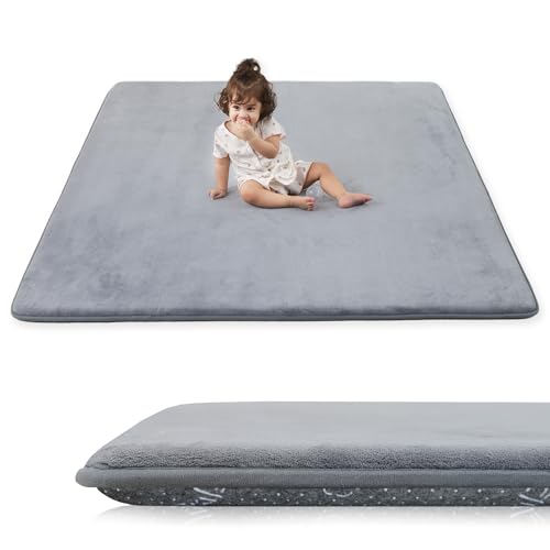Image of 1.3 inch Thick Baby Floor Play Mat 59x79 Padded Foam Mats, Light Grey | Memory Mat for Baby to Play, Waterproof Easy Care with Non-Slip Tummy Time Play Mat for Nursery Playroom Classroom