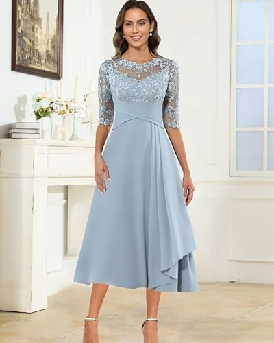 Mother of The Bride Dresses Lace Appliques Chiffon Half Sleeve Pleated Tea Length Mother of Groom Dresses for Women4