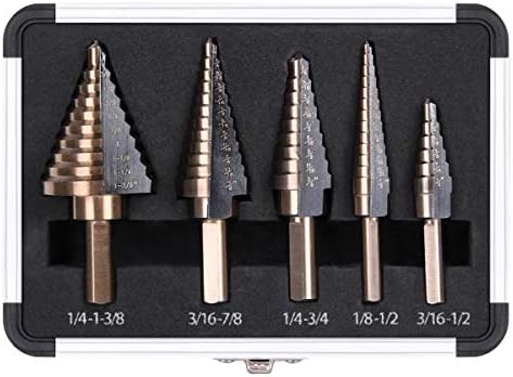 HYCLAT 5pcs Titanium Step Drill Bit, Hss Cobalt Multiple Hole 50 Sizes, High-Speed Metal Steel Step Drill Bit Set with Aluminum Case or Canvas Packing