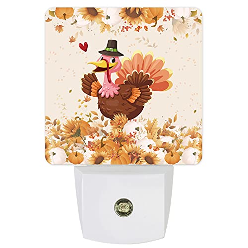 Night Light for Kids Plug into Wall LED Lamp Dusk-to-Dawn Sensor,Cartoon Turkey and Pumpkin Sunflowers Thanksgiving Baby Nightlight for Bathroom Nursery Bedroom Hallway Stairs Home Room Decor
