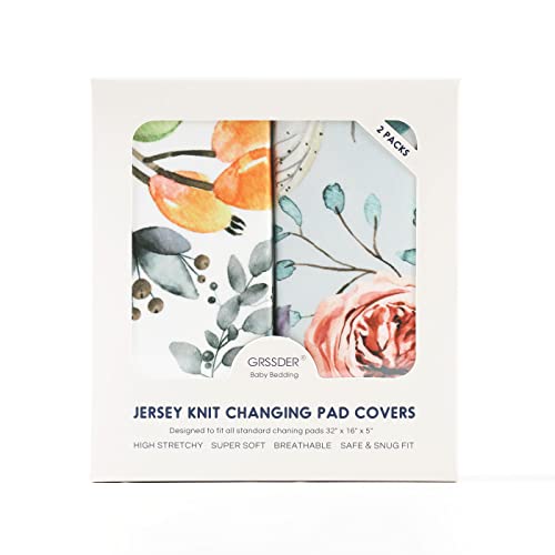 Image of GRSSDER Stretch Ultra Soft Jersey Knit Changing Pad Cover Set 2 Pack, Change Table Pad Covers Fit 32 inch /34 inch x 16 inch Pads Safe and Snug, Stylish Watercolor Flowers and Fruits for Girls