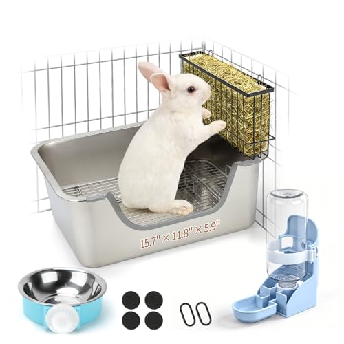 BWOGUE Stainless Steel Rabbit Litter Box with Hay Feeder & Water Dispenser Metal Bunny Litter Box with Sifting Tray High-Sided Rabbit Potty Pan for Small Animals Quick Cleaning Odor Control