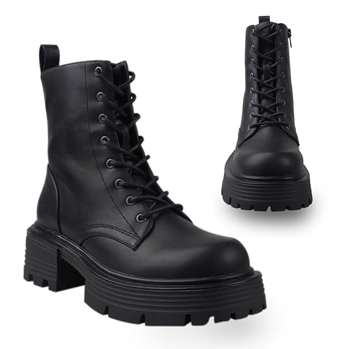 CANDIE'S Regine Lace Up Combat Boots for Women, Mid-Calf Lace Up Boots, Platform Lug Sole Heeled Boots with Side Zip, Chunky Heel Black Boots