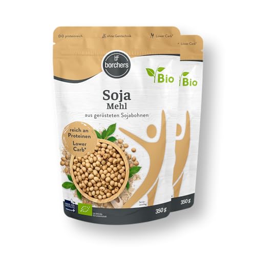 2 x borchers Harina de soja premium ecológica, vegetariana y vegana, con alto contenido de fibra y proteínas, de soja tostada 350 g