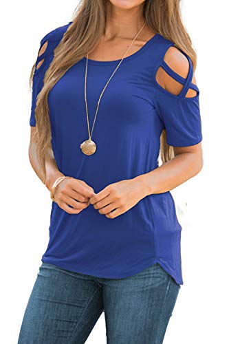 NICIAS Verano Mujer Camiseta de Manga Corta Cuello Redondo Camisetas Strappy de Hombro Frío Señoras Casual Tops Blusas(Azul,M)