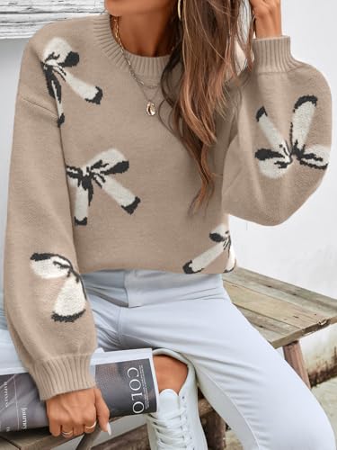 Image of Libsorge Womens Oversized Cute Bows Crewneck Cozy Pullover Sweater | Fall Winter Trendy Long Shoulder Balloon Sleeve Knit Baggy Printed Dressy Casual Valentines Day Vintage Sweaters