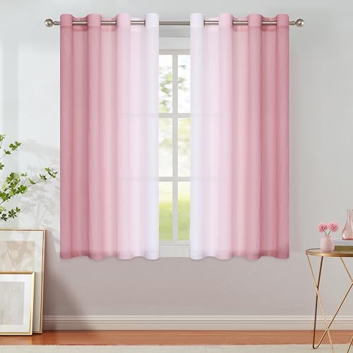 Image of Ombre Sheer Curtains Pink 54 Inches Length for Bedroom Living Room, Chiffon Crinkle Semi Sheer Short Curtain Panels Light Filtering Not See Through for Laundry Room, Grommet Top, 52" W