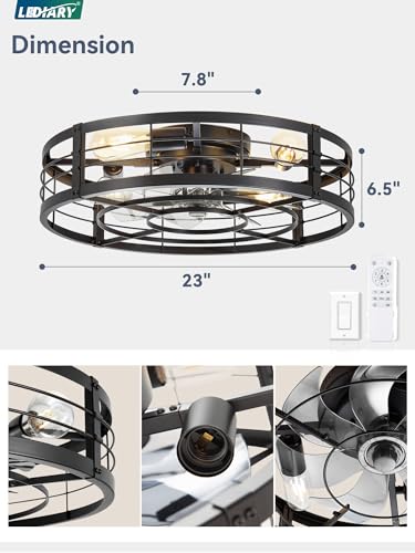 Image of LEDIARY 23 inch Caged Ceiling Fan with Light and Remote, Low Profile Flush Mount Fandelier, Black Bladeless Enclosed Small Fan Lights Ceiling Fixtures, Rustic Farmhouse Style for Bedroom, Outdoor