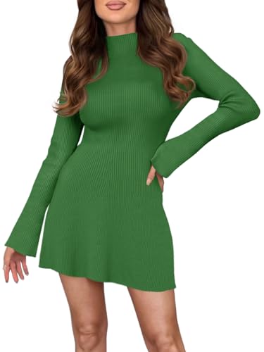 Saodimallsu Womens A Line Mini Sweater Dress Long Sleeve Bodycon Ribbed Knit Mock Neck Fall Short Dresses Army Green
