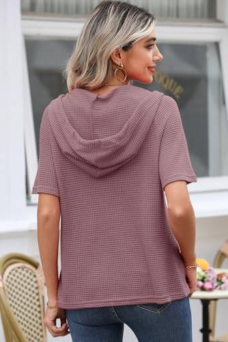 Image of Dokotoo Womens Summer Tops Waffle Knit Short Sleeve Lightweight Drawstring Hoodies Button V Neck Casual Blouses Shirts