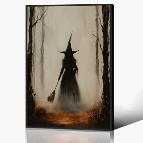 Vintage Witch Canvas Wall Art, Moody Dark Halloween Poster Wall