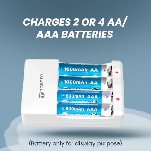 Image of Toreto Powerpod AA /AAA Battery Charger for Ni-MH /Ni-Cd Rechargeable Batteries, Charges 2 or 4 Cells, Smart Charge Control, Dual LED Indicators, Indian Plug, 220V AC Input (White)