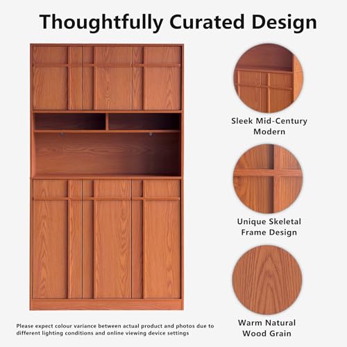 Image of 72 inch Pantry Cabinet, Tall Kitchen Pantry Storage Cabinet with Countertop, Adjustable Shelves, Mid Century Modern Wooden Kitchen Hutch with Skeleton Lines for Living Room, Dining Room, Cherry