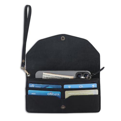 Leather Money Bag Wallet for Women, Reusable Budget Organizer, Retro Clutch Wallet Vintage Cash Envelope Continental Wallet Travel Currency Organizer Long Utility Pouch (Black)2