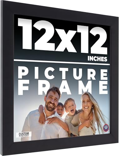 12x12 Frame Black Real Wood Picture Frame Width 0.75 Inches | Interior Frame Depth 0.5 Inches | Noir Classique Mid Century Photo Frame Complete with UV Acrylic, Foam Board Backing & Hanging Hardware