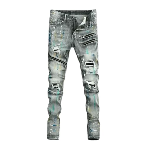 Street Mens Jeans Retro Gray9 Stretch Slim Fit Patched Biker Jeans Men Zipper Hip Hop Ripped Denim Pants ​​Trousers