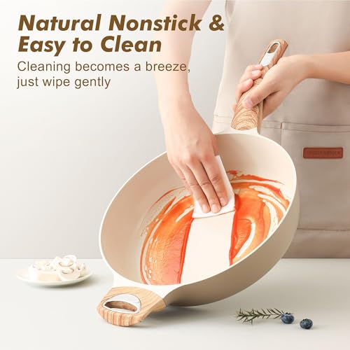 SENSARTE 30cm Beige Keramik Tiefe Bratpfanne mit Deckel, 4.7L Sautepfanne mit Deckel, Große Bratpfanne, Antihaft Kochpfanne, Chef’s Pan, Induktion Geeignet, PFOA/PTFE/PFAS Frei