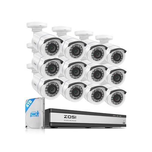 ZOSI 1080P 16CH Überwachungskamera Set Aussen, Personen- und Fahrzeugerkennung, H.265+ DVR Rekorder mit 4TB Festplatte, 12er CCTV 2MP Bullet Kameras