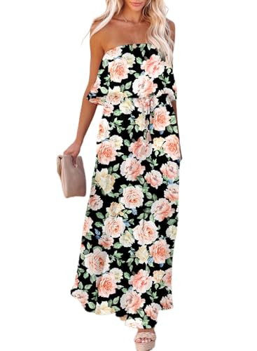 Image of Dokotoo Womens Strapless Dresses Casual Side Split Flowy Boho Maxi Dress | High Waist,Off The Shoulder,Wedding Guest,Bohemian,Beach Vacation Clothes,Floral Print,Sundresses,Casual