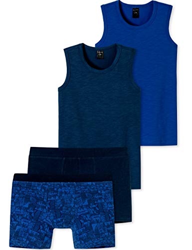 Schiesser Jungen Teens - großes 4 teiliges Unterwäsche Set Unterhemd + Shorts aus der Serie Surfer Style Blau/Royal Cover