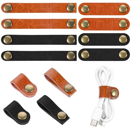 12Pcs Leather Cord Organizer Travel Cord Organizer Cable Straps 2-Sizes Portable PU Leather Reusable Earphone Cables Ties Snap On Cords Holders for Travel Women Men(Black Light Brown)