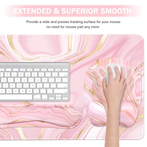 Keyboard Wrist Rest Large Mouse Pad Wrist Support for Computer, 4 in 1 Memory Foam Keyboard Pad Desk Mat Ergonomic Hand Rest Wrist Cushion for Home Office Gaming - Pink Marble — view 4